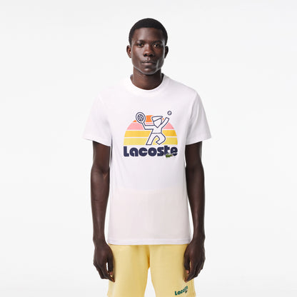 LACOSTE Men's Washed Effect Tennis Print T-shirt- White