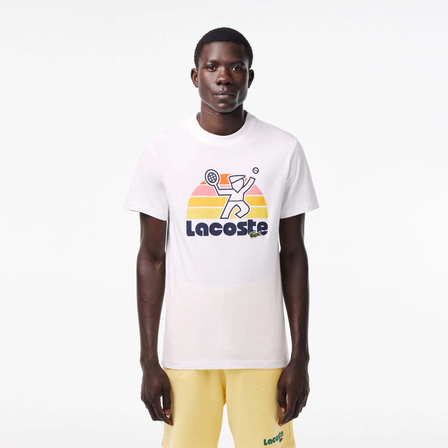 LACOSTE Men's Washed Effect Tennis Print T-shirt- White