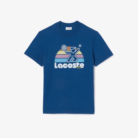 LACOSTE Men's Washed Effect Tennis Print T-shirt- Blue