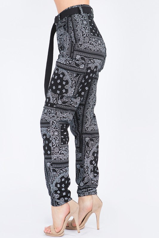 Women's bandana print jogger pants in a colorful, all-over print design