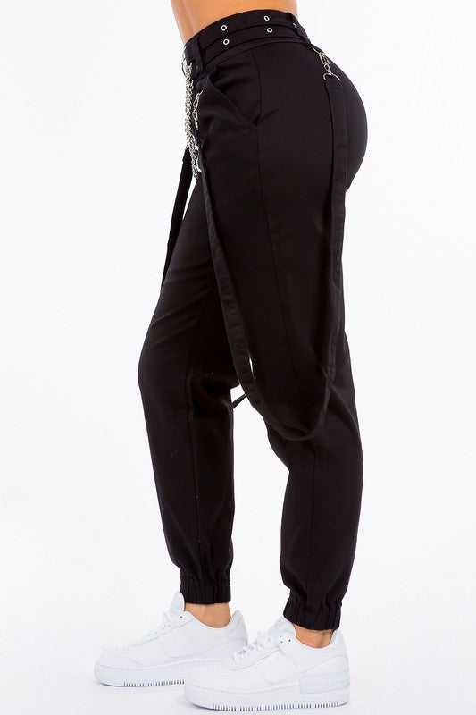 AMERICAN BAZI High Waist Skinny Jogger Pants with Suspenders