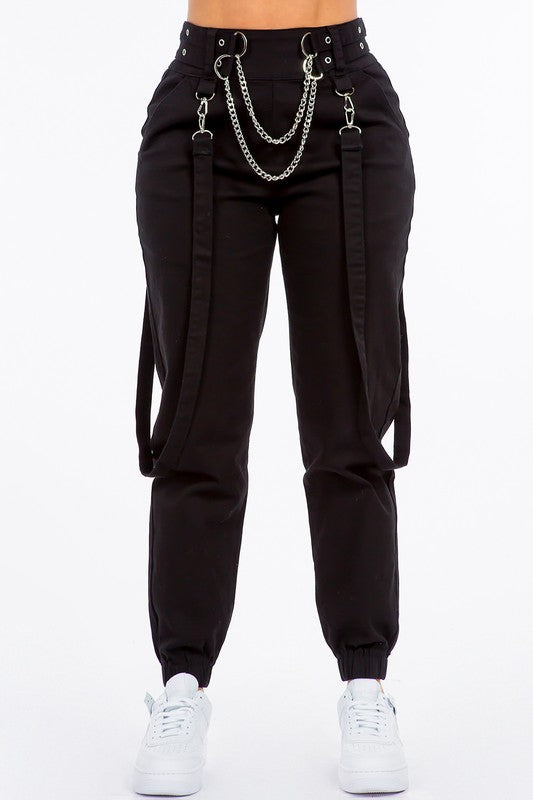 AMERICAN BAZI High Waist Skinny Jogger Pants with Suspenders