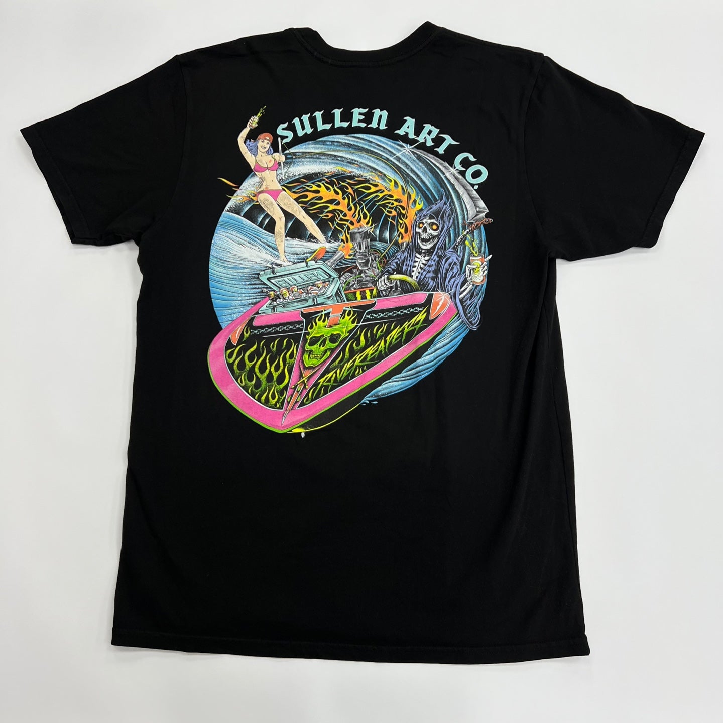 Sullen Art Collective Grim Ripper Death Skeleton Sailing Beach T-Shirt -  Black