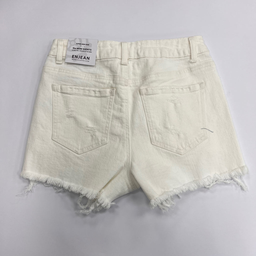 Super High Rise Destructed Mom Shorts - White