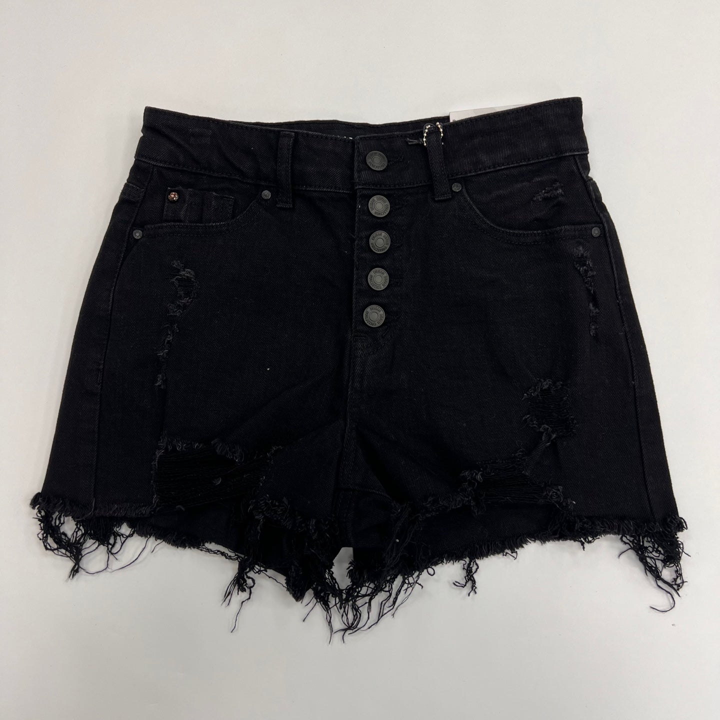 High Rise 5 Exposed Button Down Destructed Short - BLACK